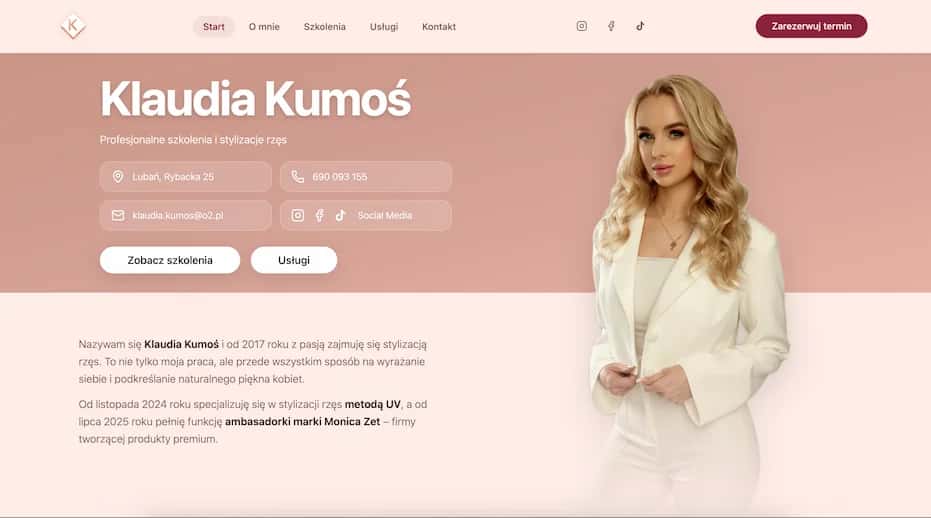 Stylowa platforma dla akademii beauty, prezentująca ofertę szkoleniową i budująca wizerunek eksperta.