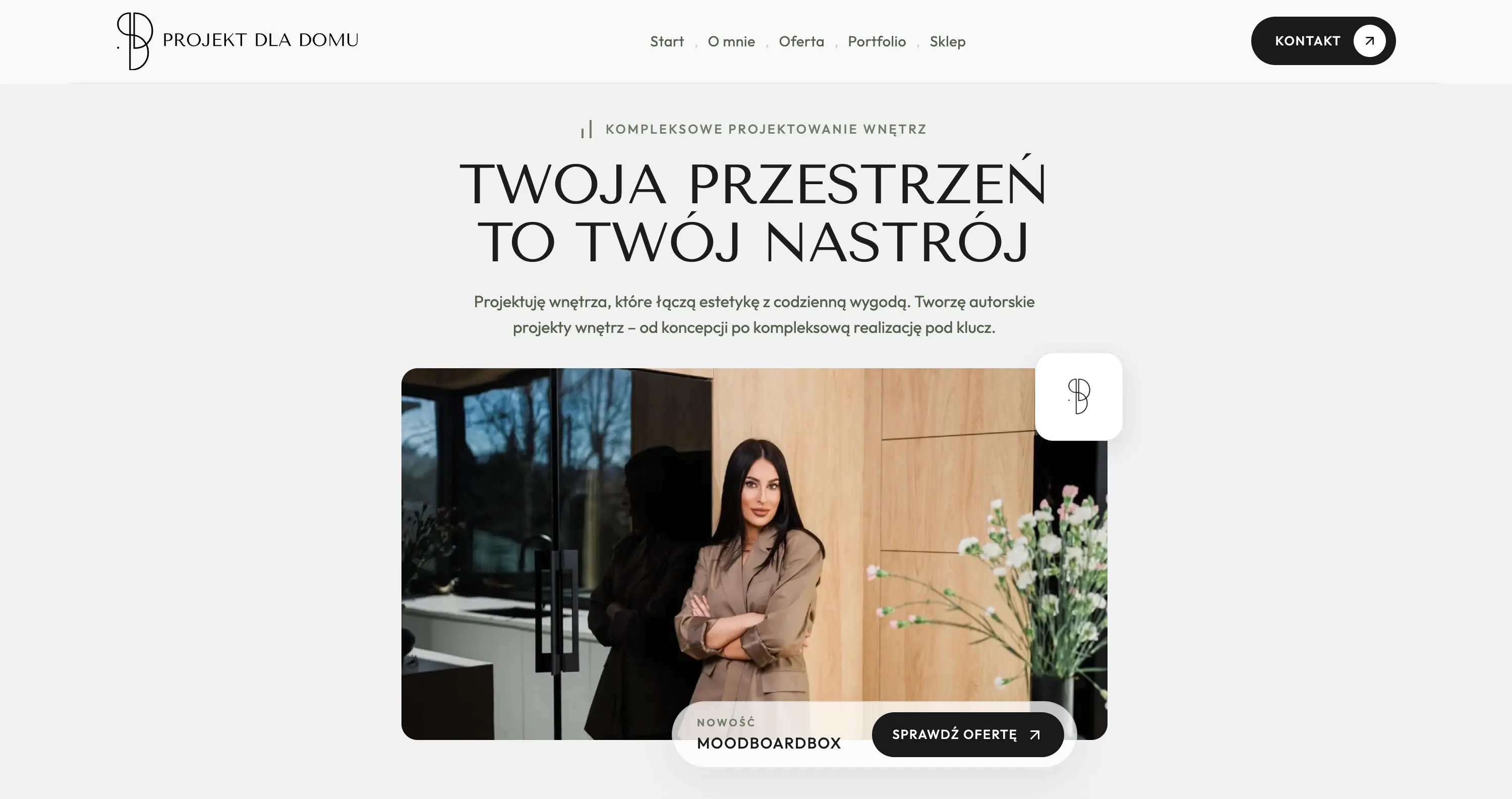 Elegancka strona dla projektantki wnętrz, prezentująca portfolio realizacji i inspiracje aranżacyjne.